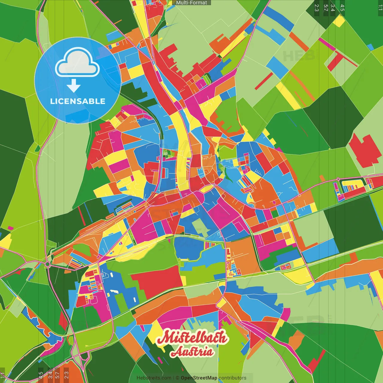 Mistelbach, Lower Austria, Austria Crazy Colorful Street Map Poster Template