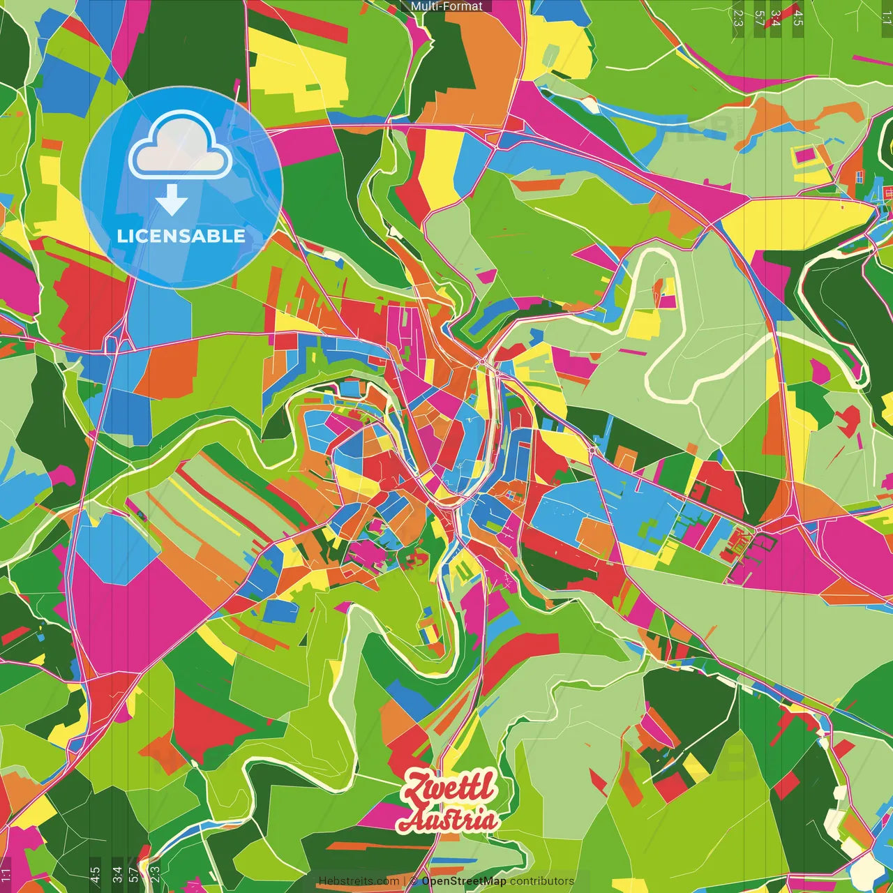 Zwettl, Lower Austria, Austria Crazy Colorful Street Map Poster Template