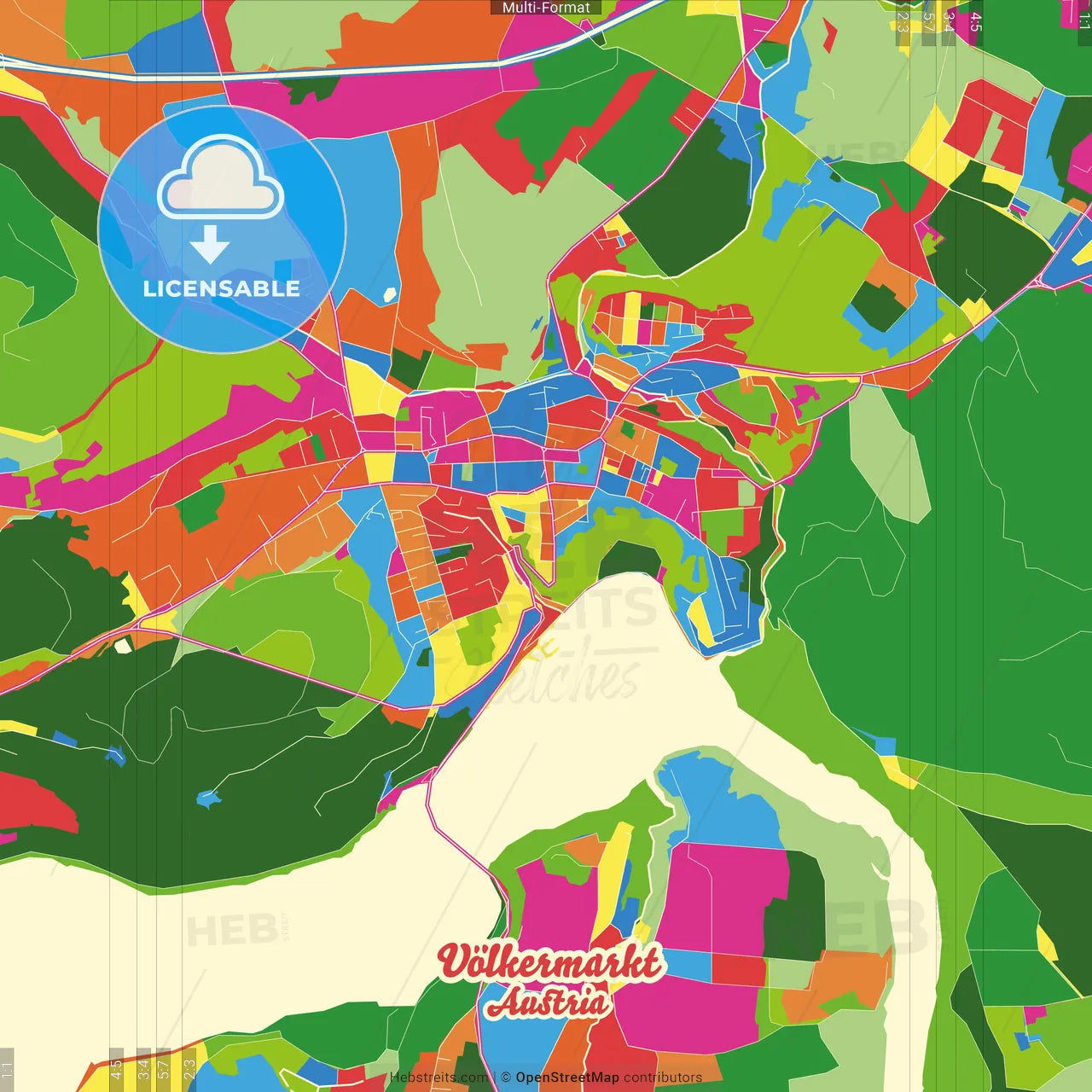 Völkermarkt, Carinthia, Austria Crazy Colorful Street Map Poster Template