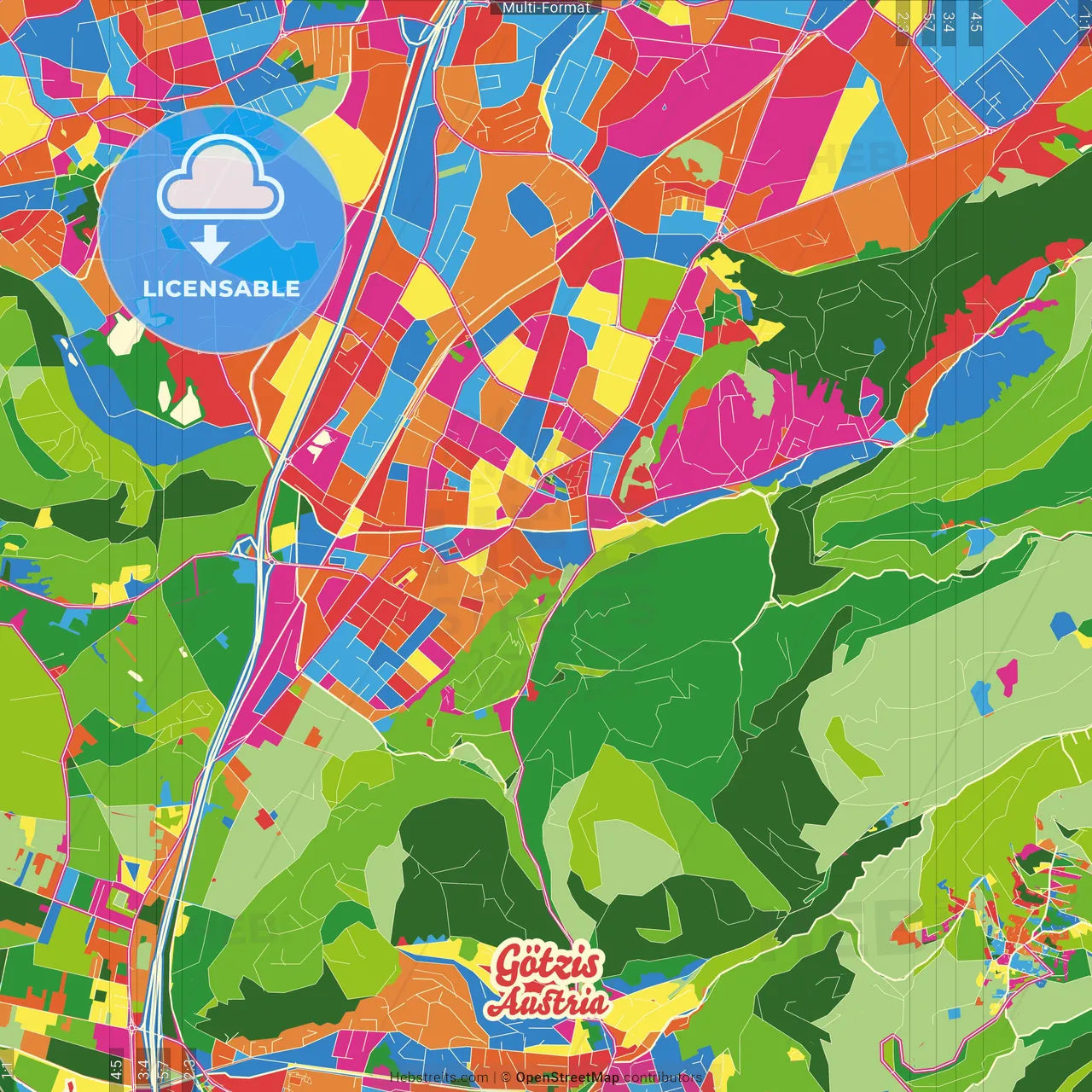 Götzis, Vorarlberg, Austria Crazy Colorful Street Map Poster Template