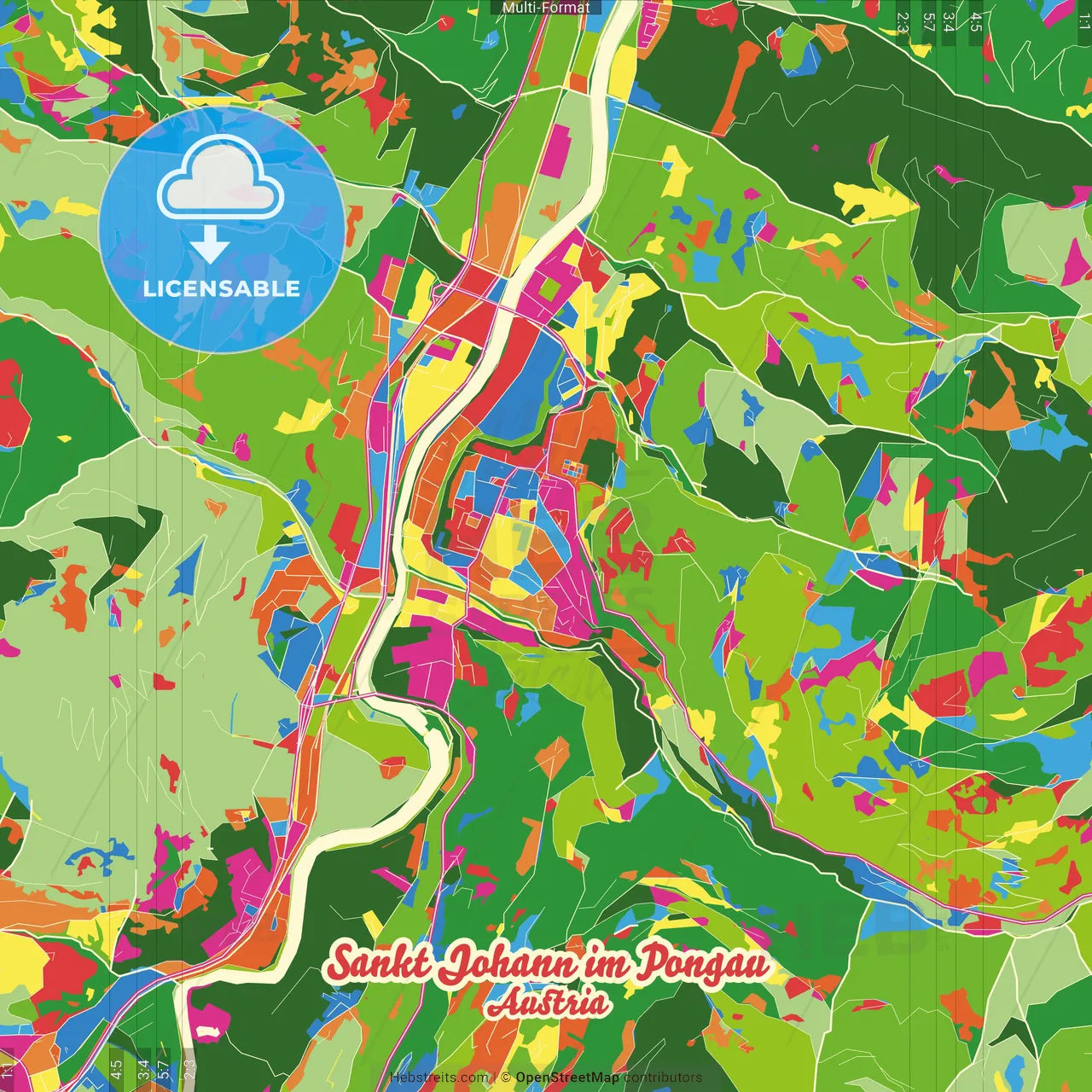 Sankt Johann im Pongau, Salzburg, Austria Crazy Colorful Street Map Poster Template