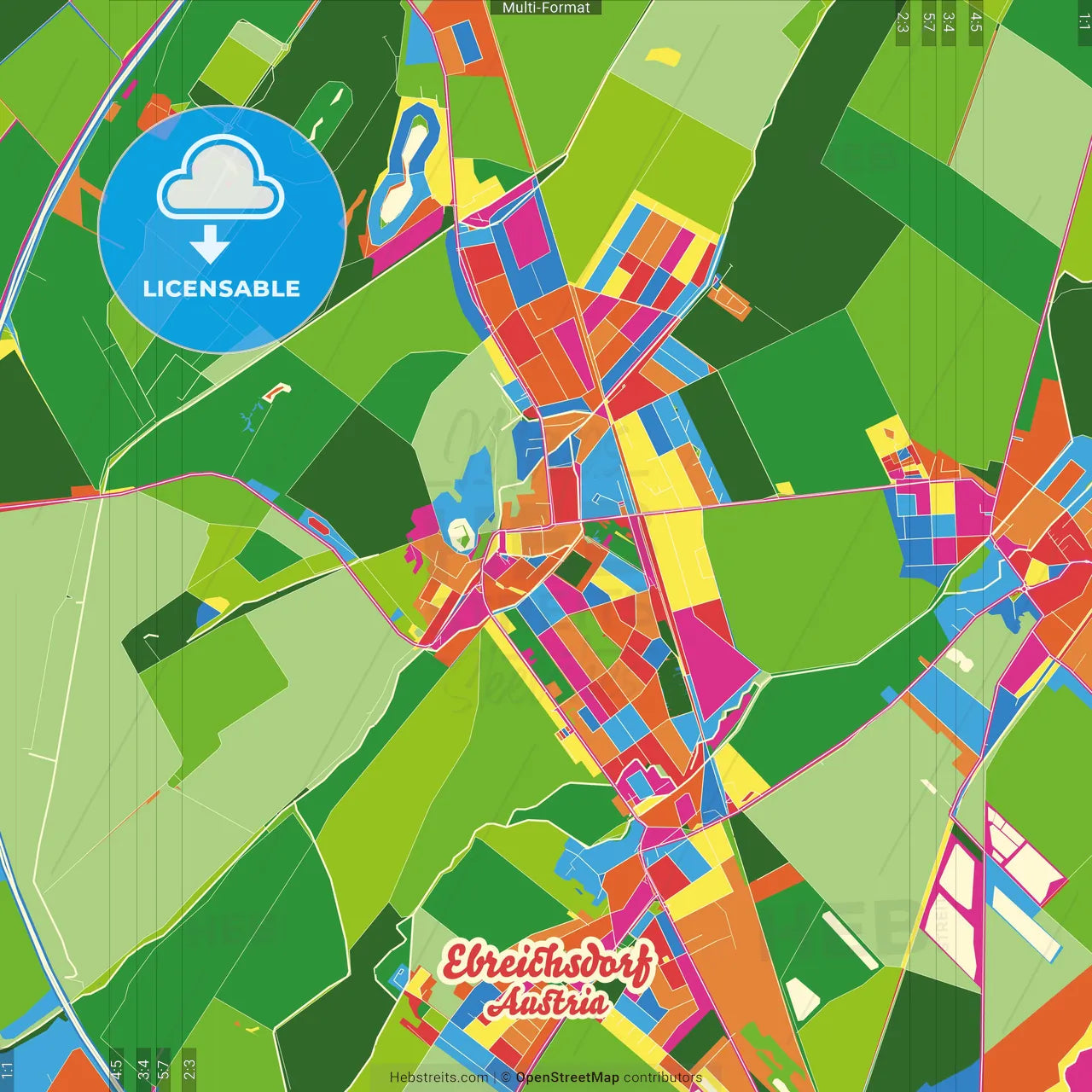 Ebreichsdorf, Lower Austria, Austria Crazy Colorful Street Map Poster Template