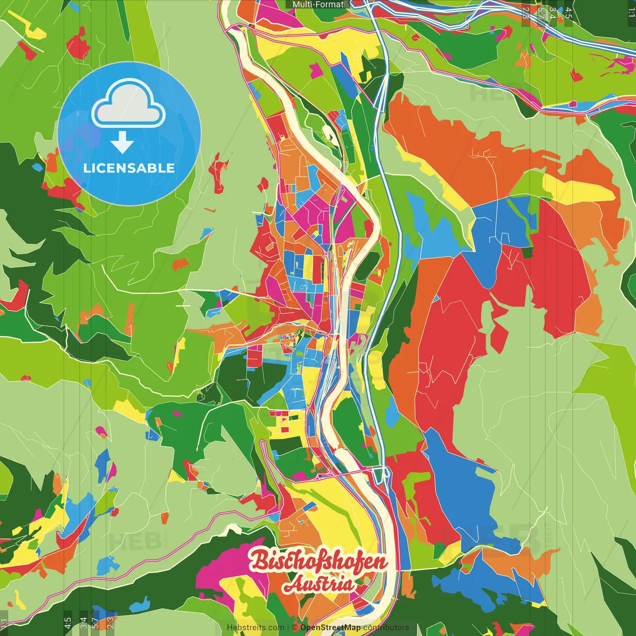 Bischofshofen, Salzburg, Austria Crazy Colorful Street Map Poster Template