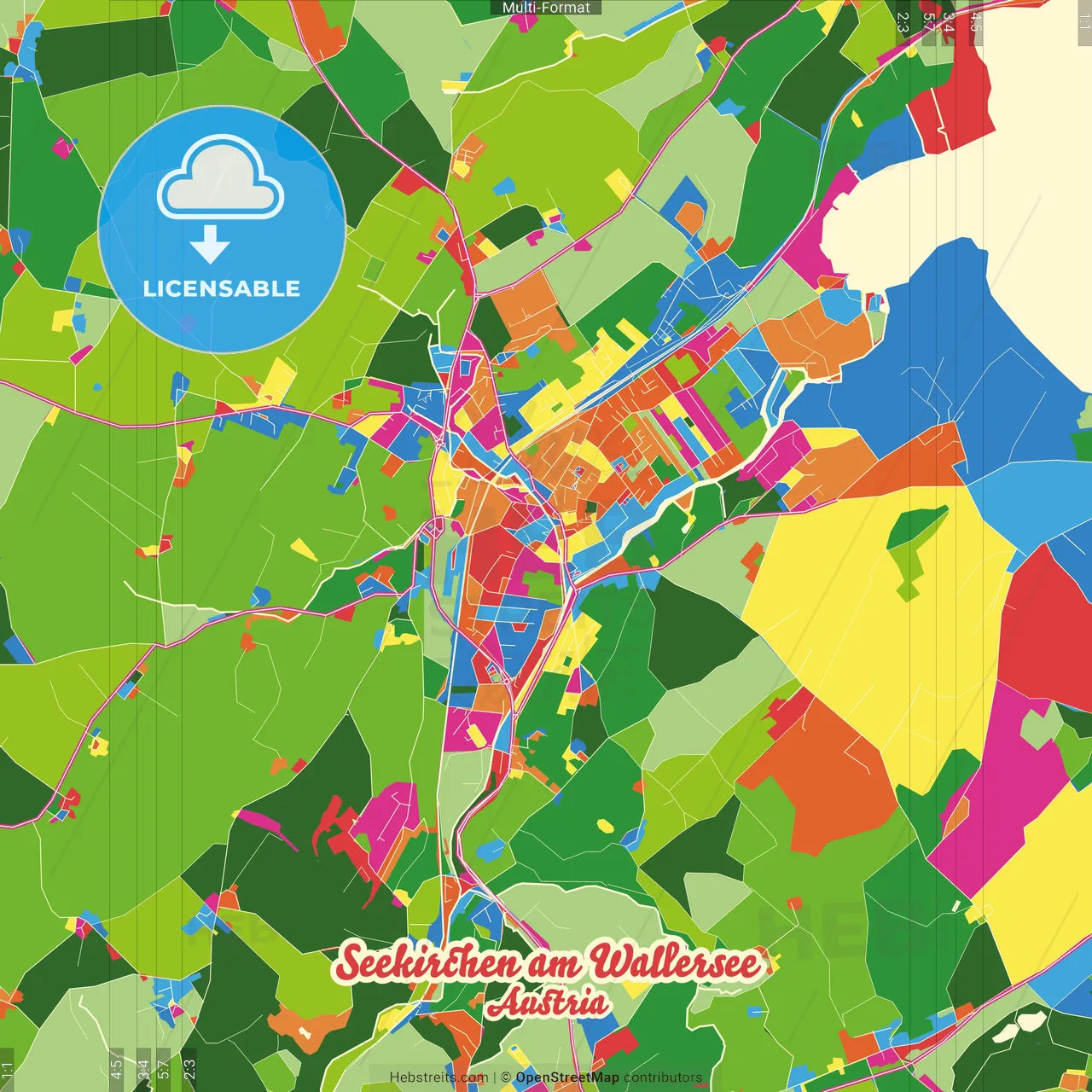 Seekirchen am Wallersee, Salzburg, Austria Crazy Colorful Street Map Poster Template