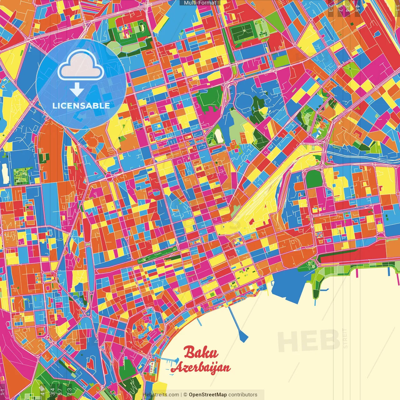 Baku, Azerbaijan Crazy Colorful Street Map Poster Template