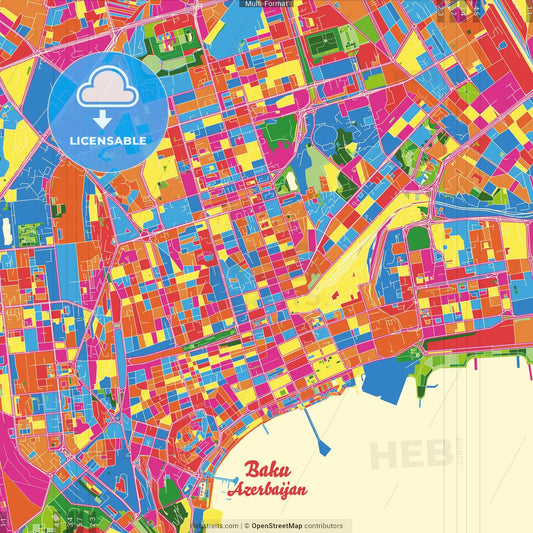 Baku, Azerbaijan Crazy Colorful Street Map Poster Template