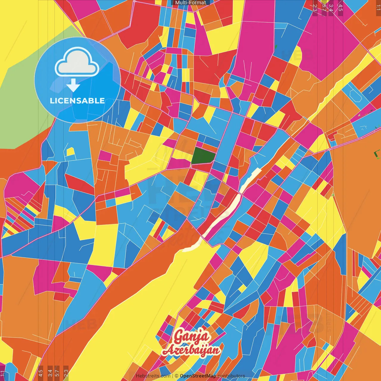 Ganja, Azerbaijan Crazy Colorful Street Map Poster Template