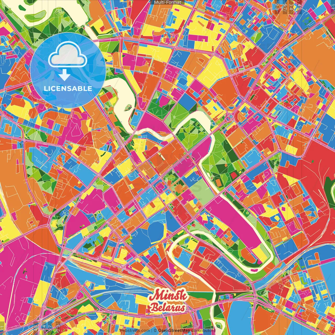 Minsk, Capital, Belarus Crazy Colorful Street Map Poster Template