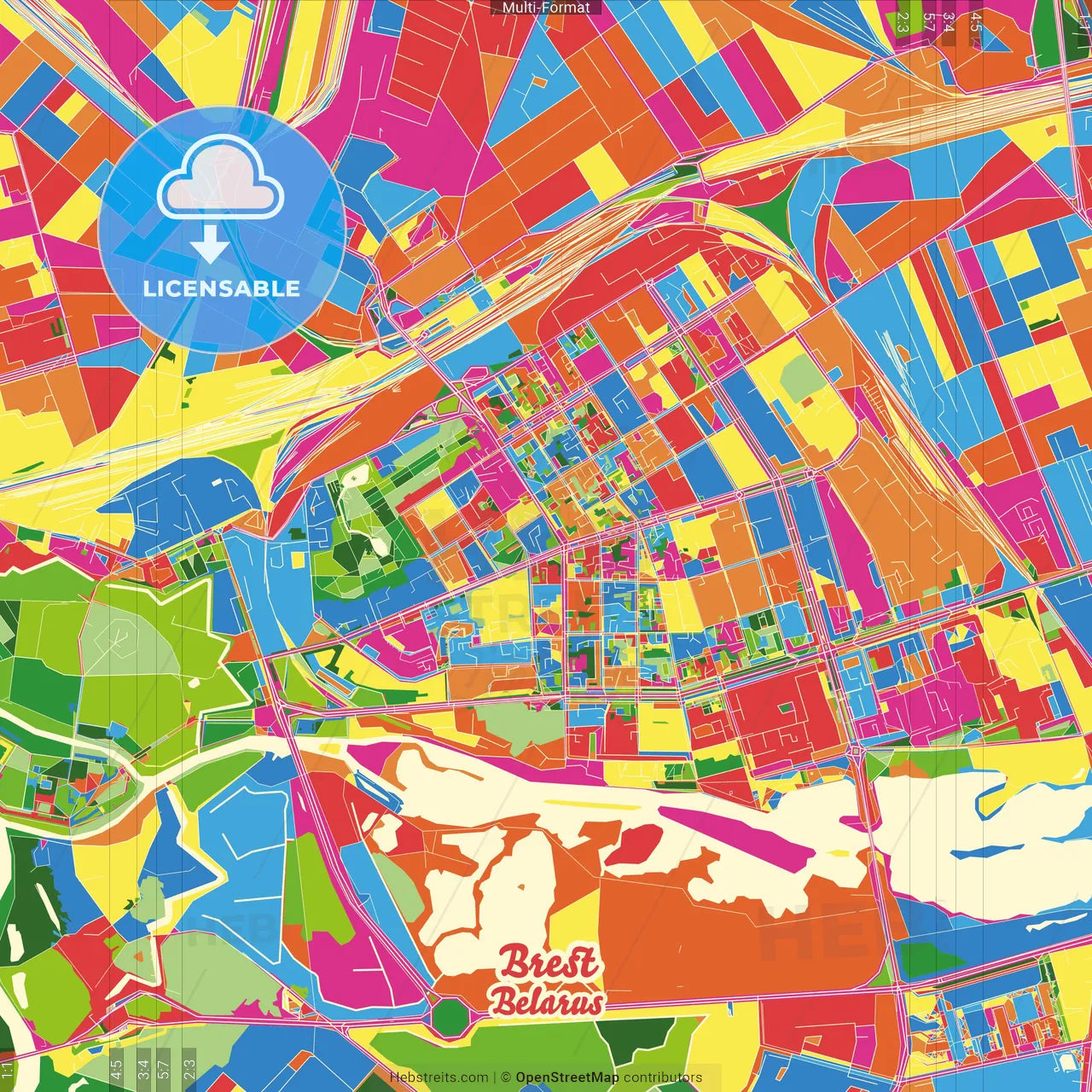 Brest, Voblasć, Belarus Crazy Colorful Street Map Poster Template
