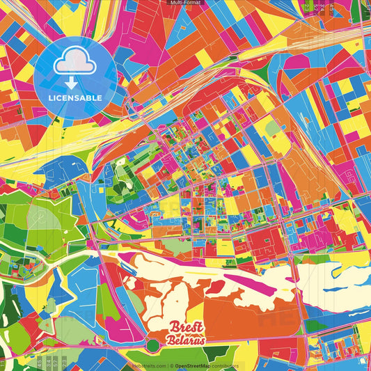 Brest, Voblasć, Belarus Crazy Colorful Street Map Poster Template