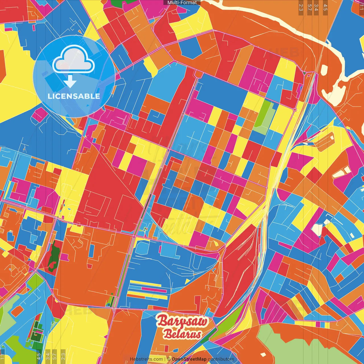 Barysaw, Rajon, Belarus Crazy Colorful Street Map Poster Template