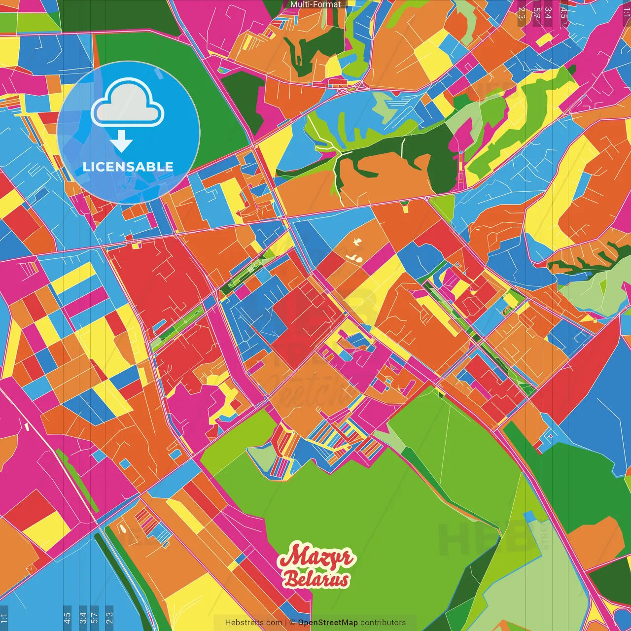 Mazyr, Rajon, Belarus Crazy Colorful Street Map Poster Template
