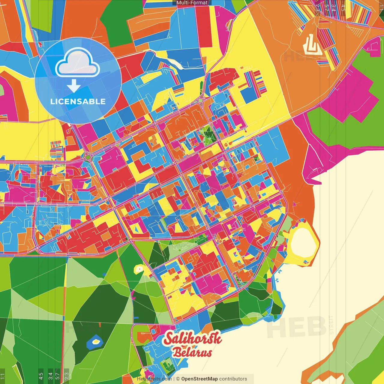 Salihorsk, Rajon, Belarus Crazy Colorful Street Map Poster Template