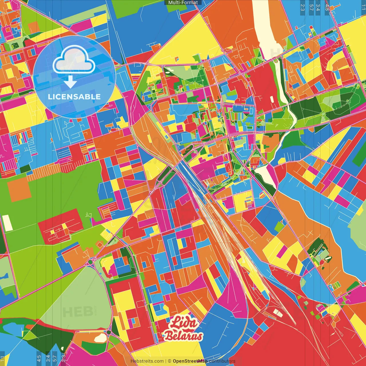 Lida, Rajon, Belarus Crazy Colorful Street Map Poster Template