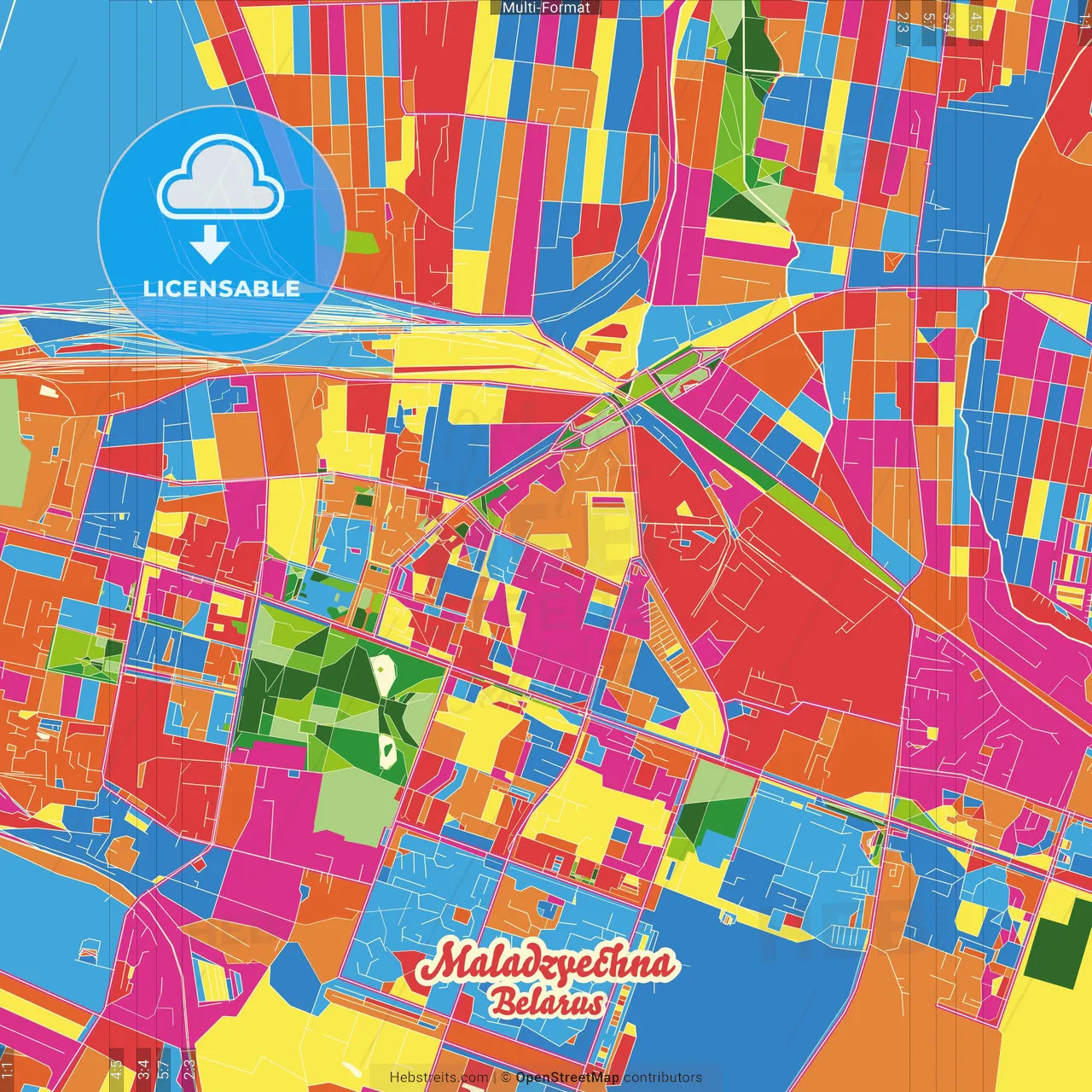 Maladzyechna, Rajon, Belarus Crazy Colorful Street Map Poster Template