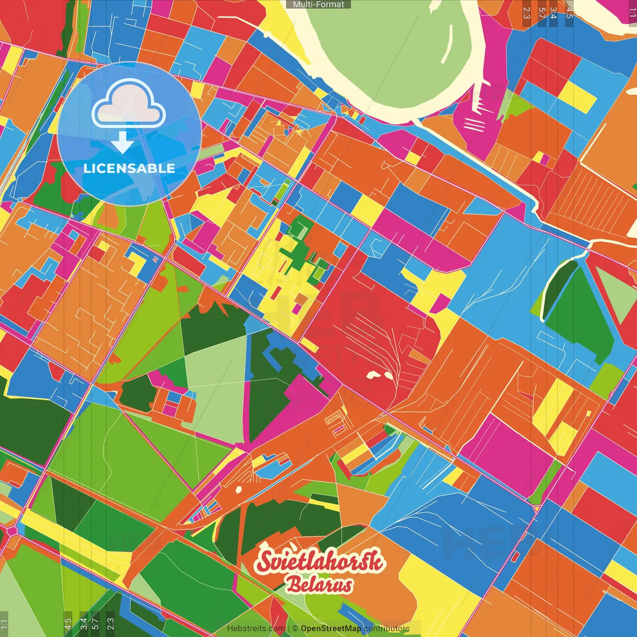 Svietlahorsk, Rajon, Belarus Crazy Colorful Street Map Poster Template