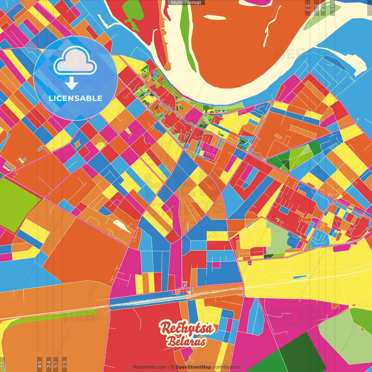 Rechytsa, Rajon, Belarus Crazy Colorful Street Map Poster Template