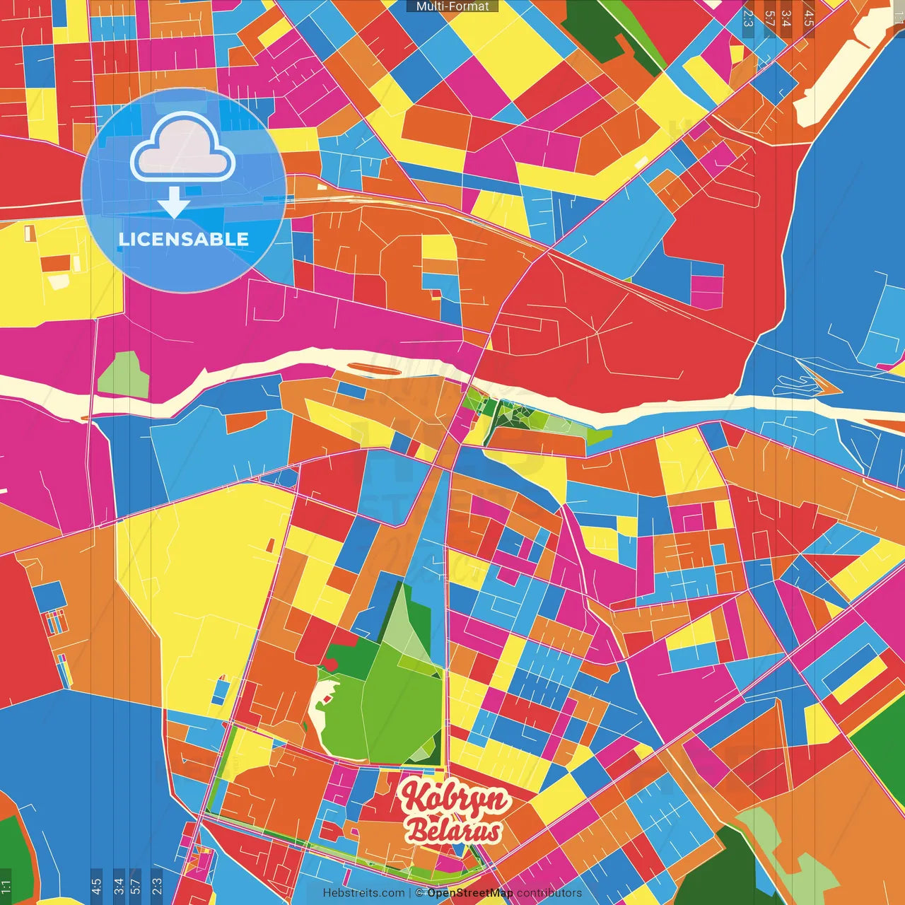 Kobryn, Rajon, Belarus Crazy Colorful Street Map Poster Template