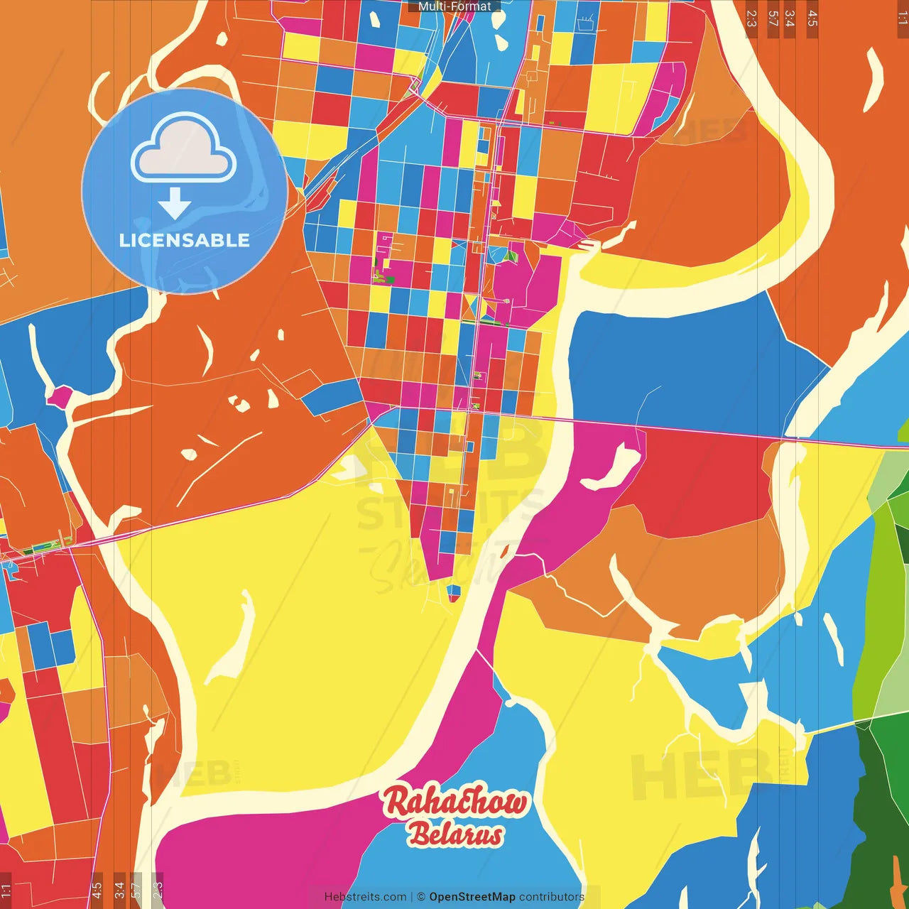 Rahachow, Rajon, Belarus Crazy Colorful Street Map Poster Template