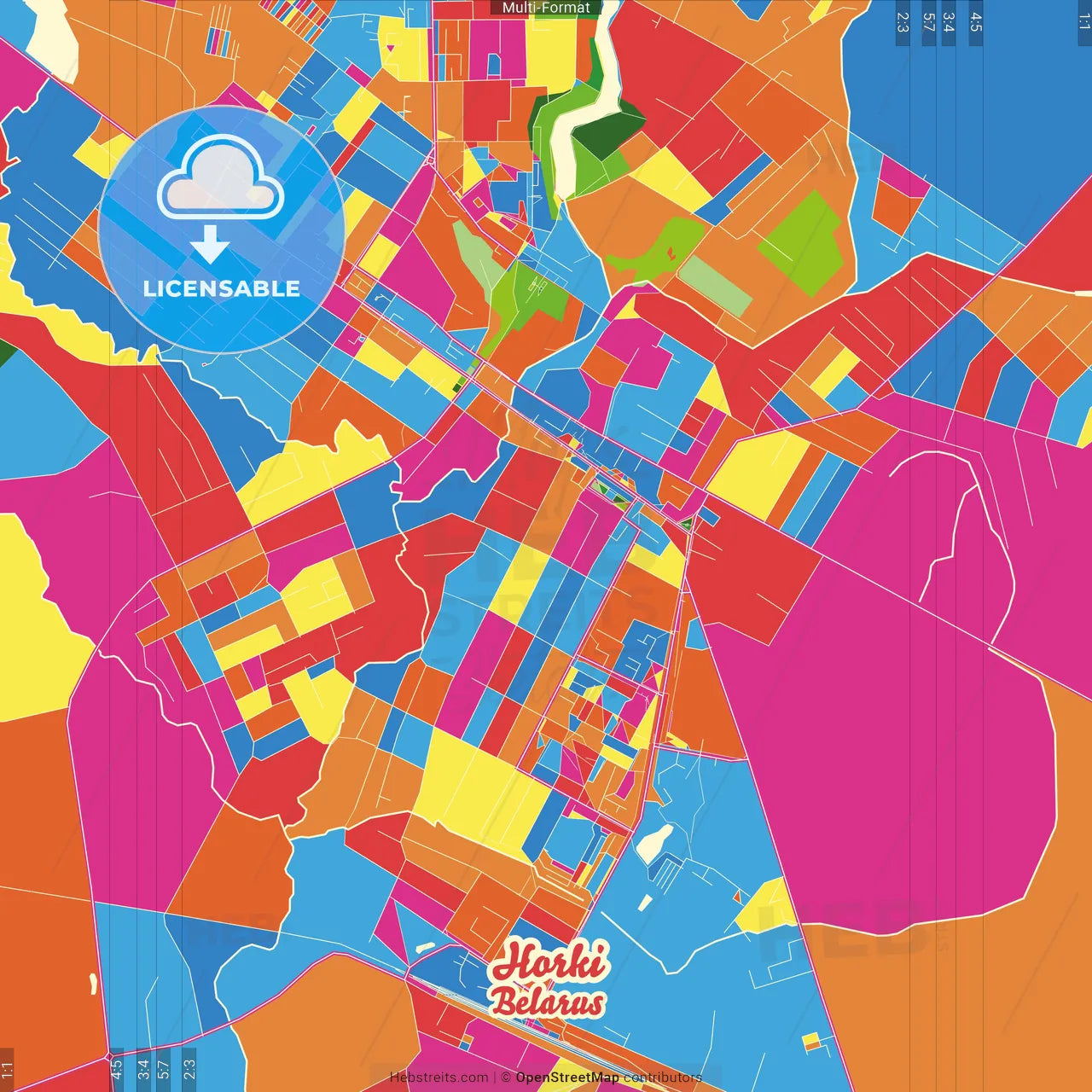 Horki, Rajon, Belarus Crazy Colorful Street Map Poster Template