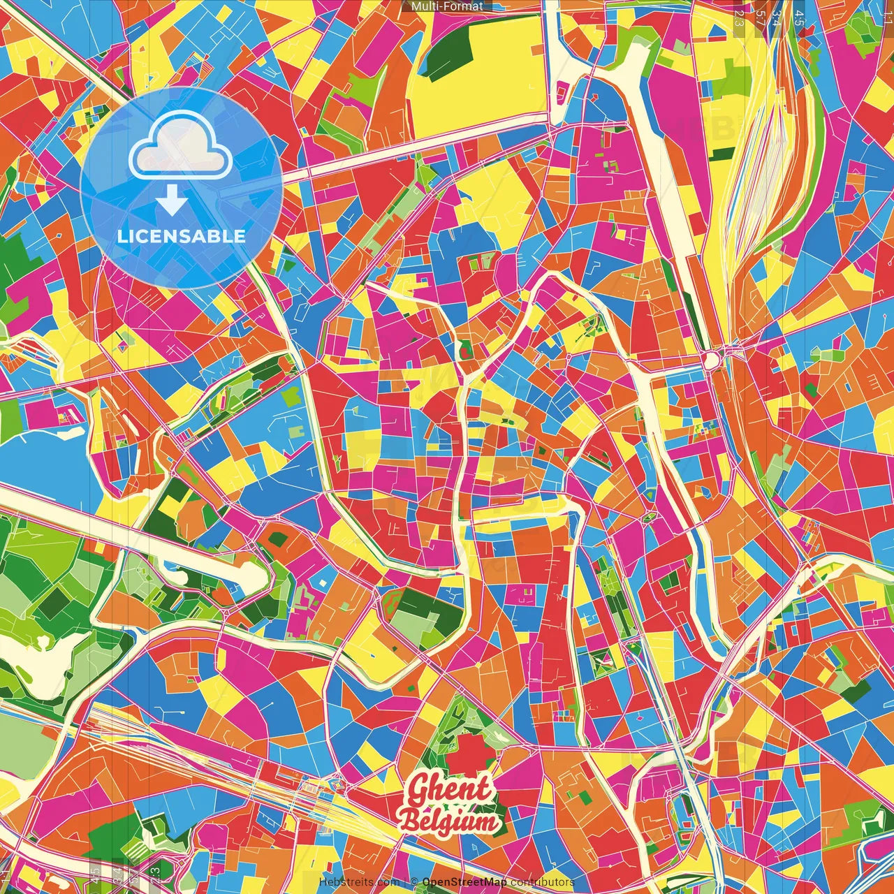 Ghent, East Flanders, Belgium Crazy Colorful Street Map Poster Template
