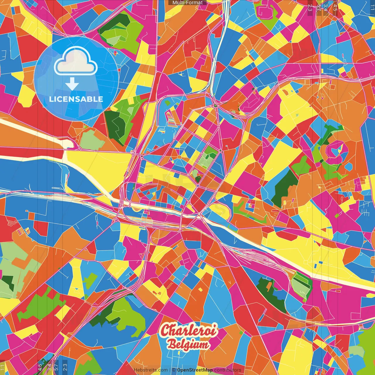 Charleroi, Hainaut, Belgium Crazy Colorful Street Map Poster Template