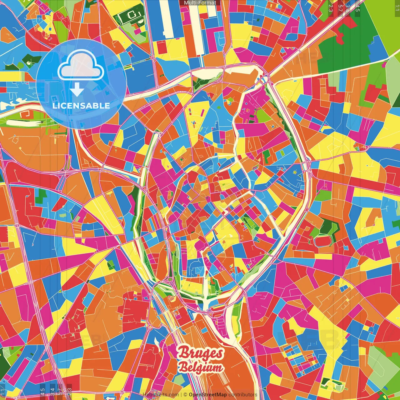 Bruges, West Flanders, Belgium Crazy Colorful Street Map Poster Template