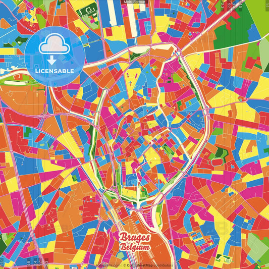 Bruges, West Flanders, Belgium Crazy Colorful Street Map Poster Template