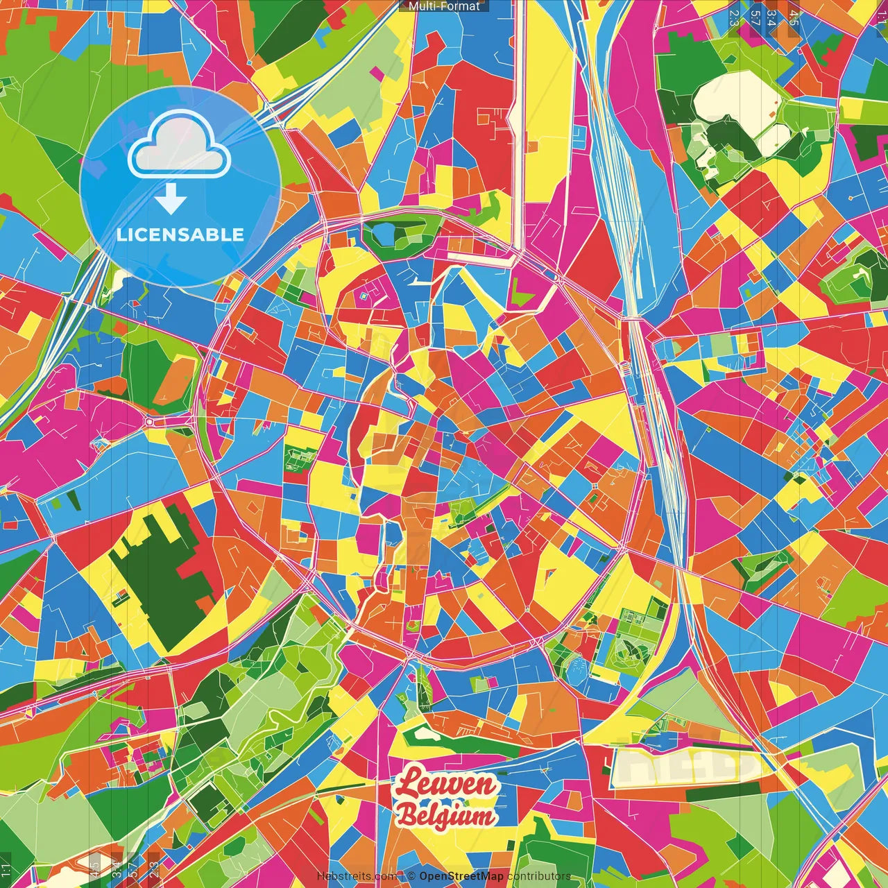 Leuven, Flemish Brabant, Belgium Crazy Colorful Street Map Poster Template