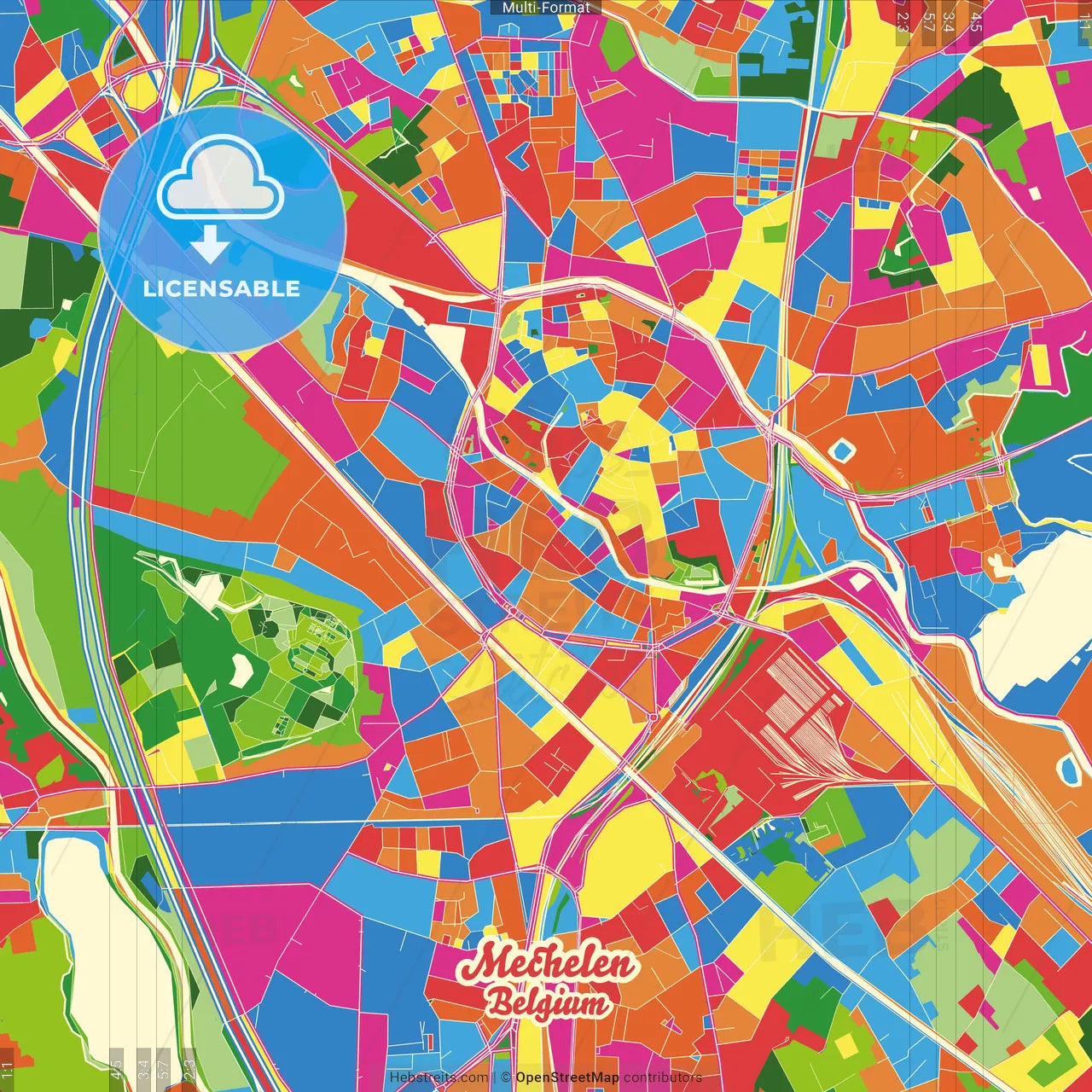 Mechelen, Antwerp, Belgium Crazy Colorful Street Map Poster Template