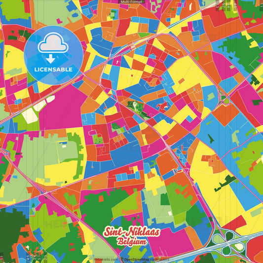 Sint-Niklaas, East Flanders, Belgium Crazy Colorful Street Map Poster Template