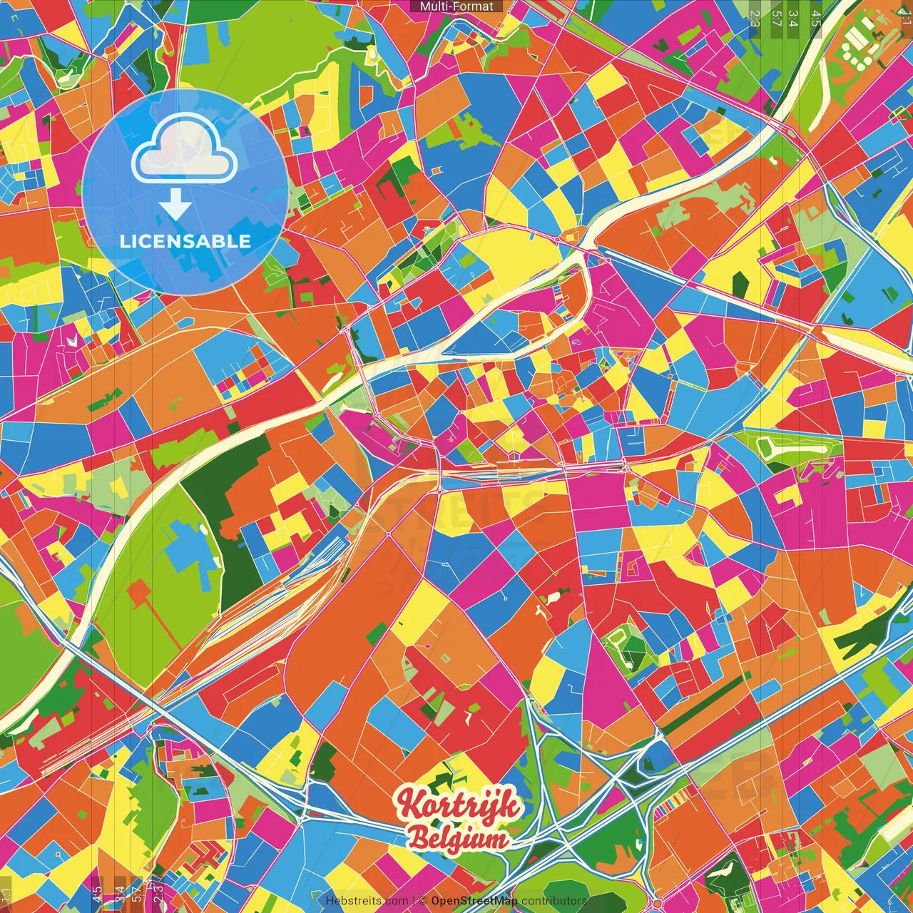 Kortrijk, West Flanders, Belgium Crazy Colorful Street Map Poster Template