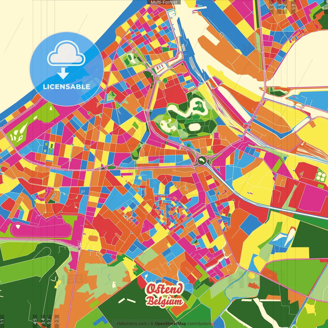 Ostend, West Flanders, Belgium Crazy Colorful Street Map Poster Template