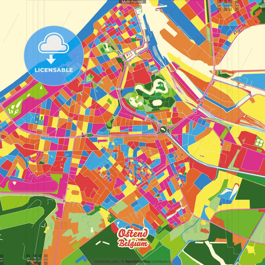 Ostend, West Flanders, Belgium Crazy Colorful Street Map Poster Template