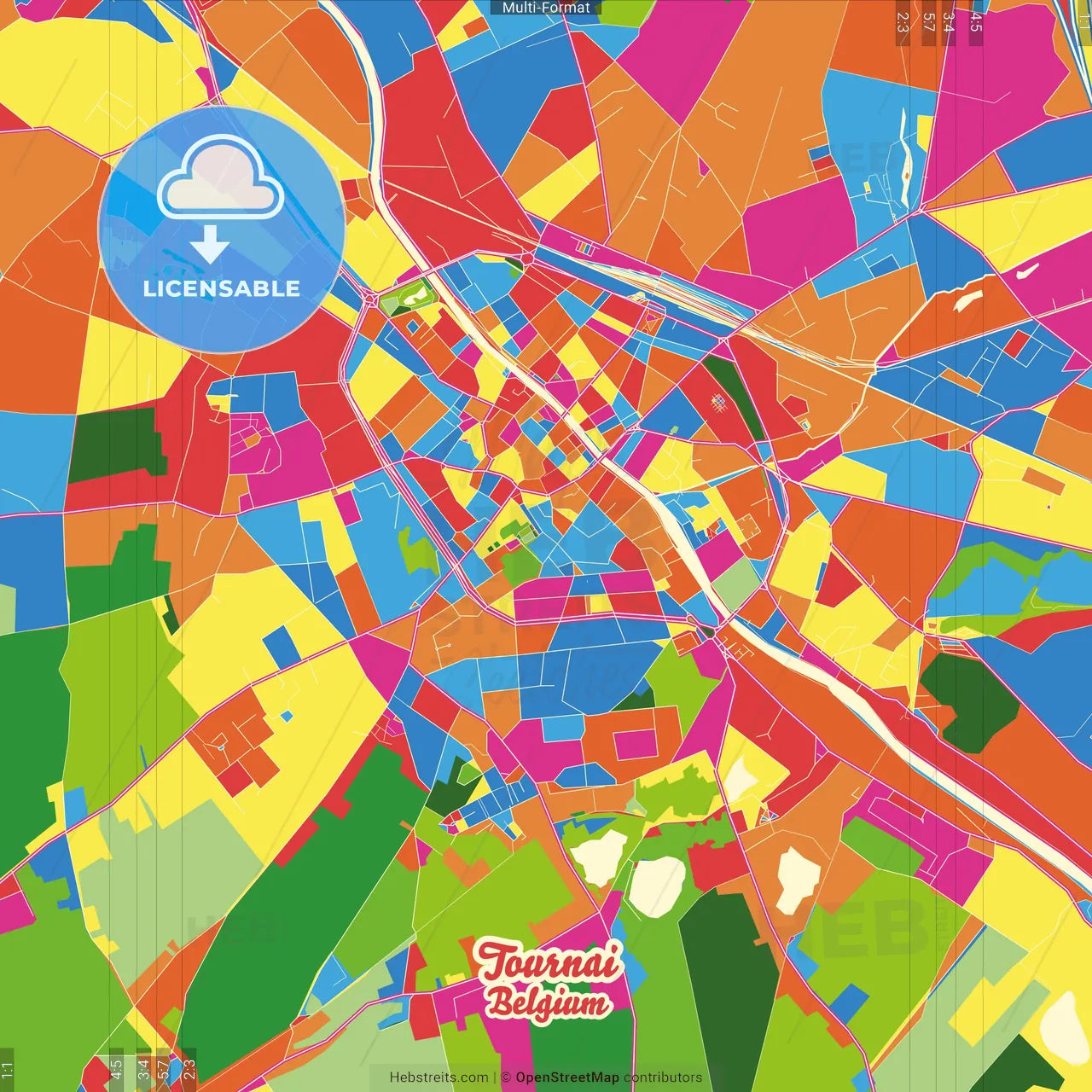 Tournai, Hainaut, Belgium Crazy Colorful Street Map Poster Template