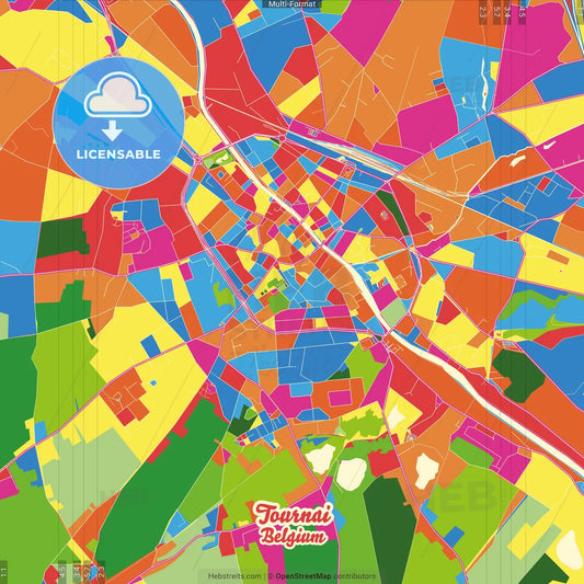 Tournai, Hainaut, Belgium Crazy Colorful Street Map Poster Template