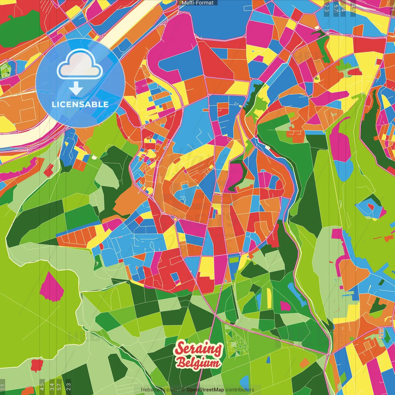 Seraing, Liège, Belgium Crazy Colorful Street Map Poster Template