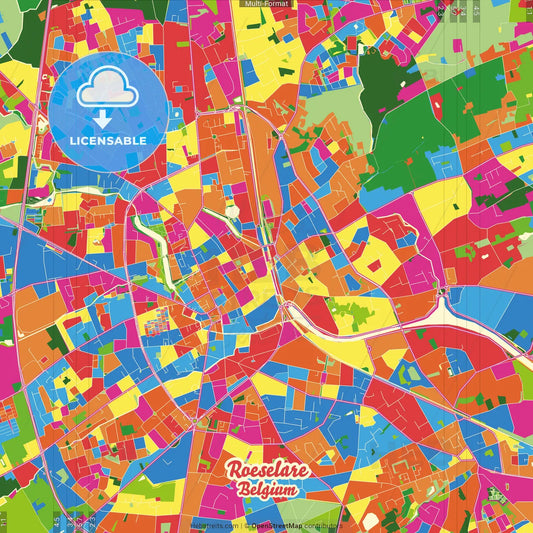 Roeselare, West Flanders, Belgium Crazy Colorful Street Map Poster Template