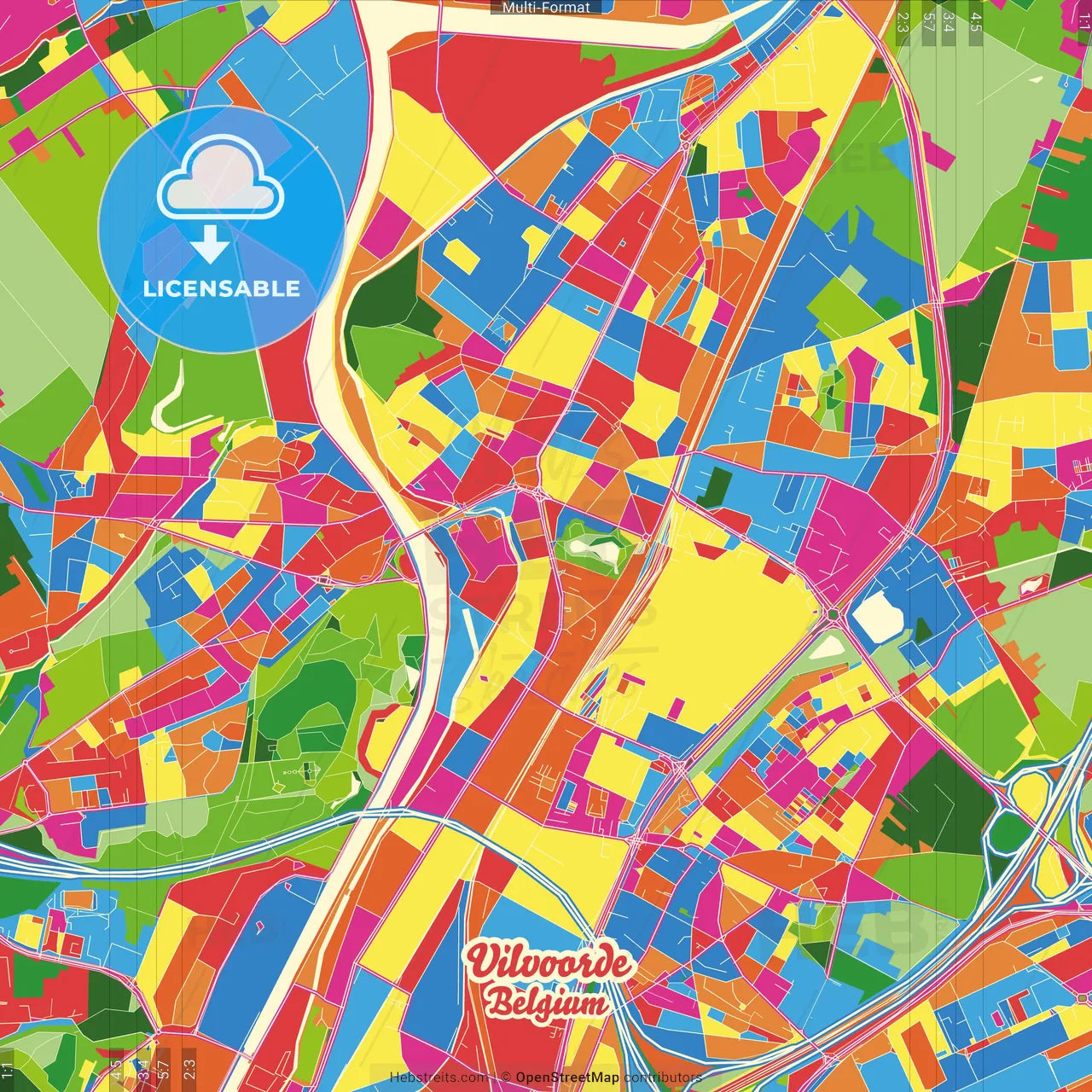 Vilvoorde, Flemish Brabant, Belgium Crazy Colorful Street Map Poster Template