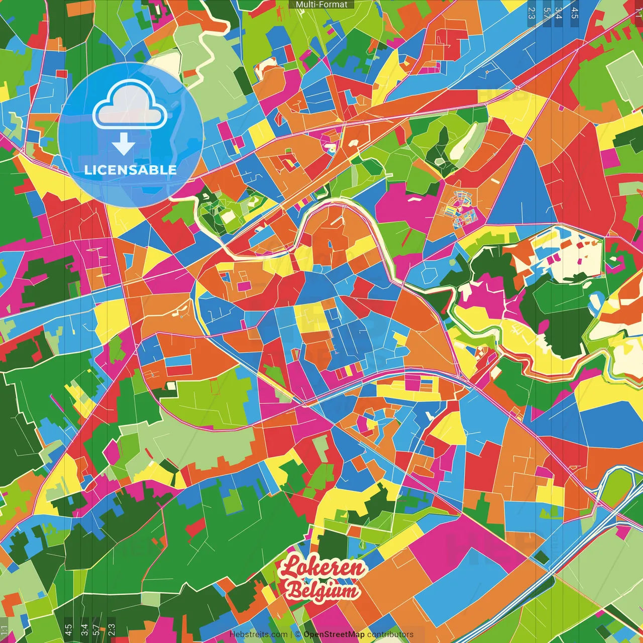 Lokeren, East Flanders, Belgium Crazy Colorful Street Map Poster Template