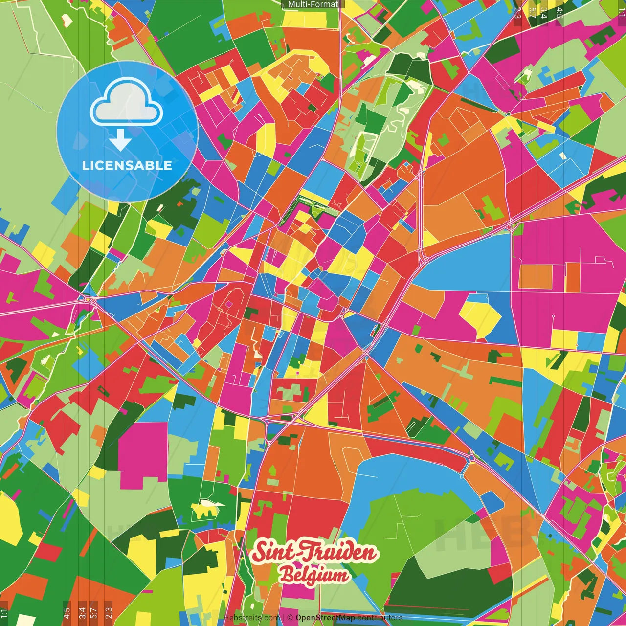 Sint-Truiden, Limburg, Belgium Crazy Colorful Street Map Poster Template