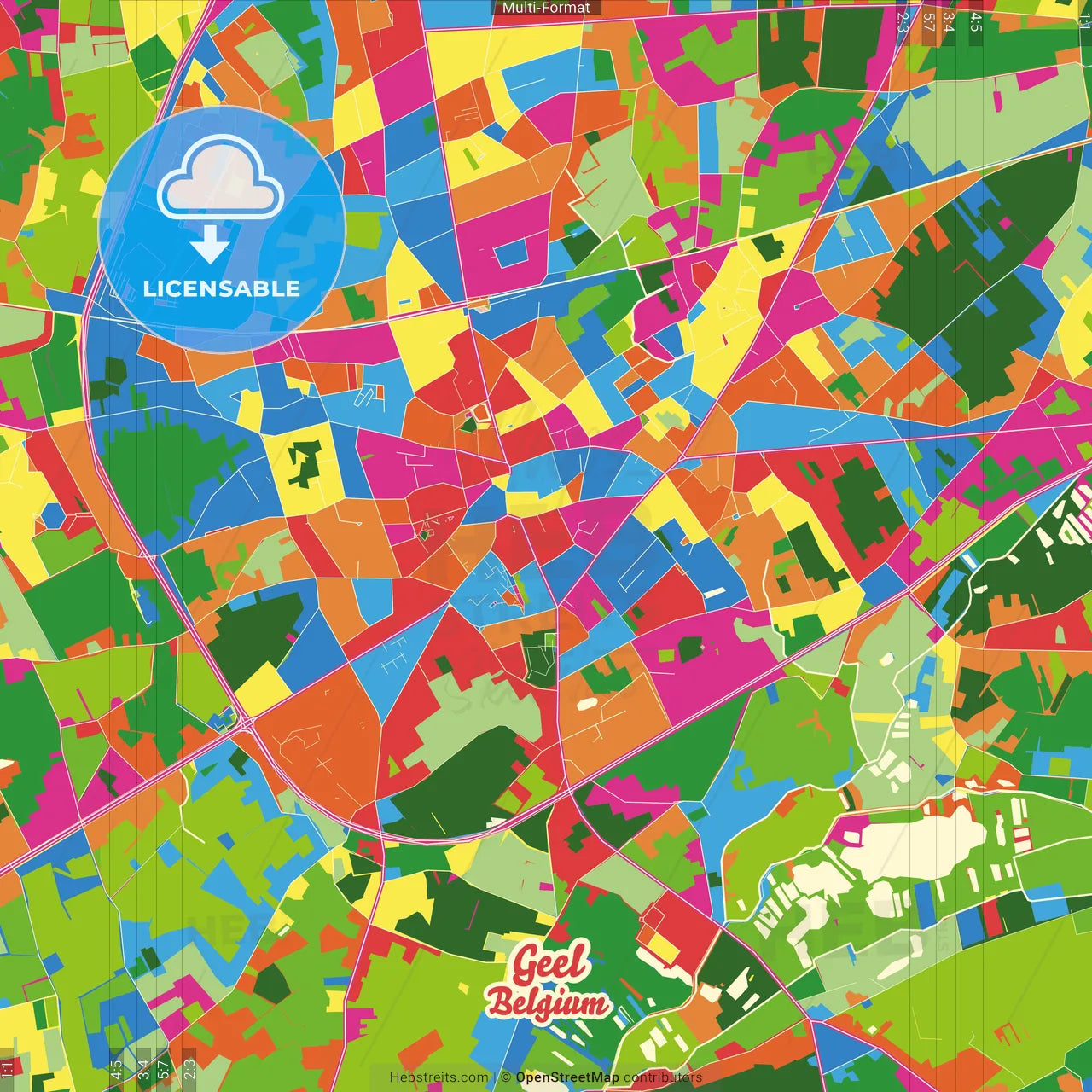 Geel, Antwerp, Belgium Crazy Colorful Street Map Poster Template