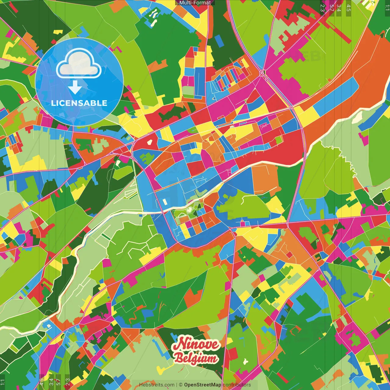 Ninove, East Flanders, Belgium Crazy Colorful Street Map Poster Template