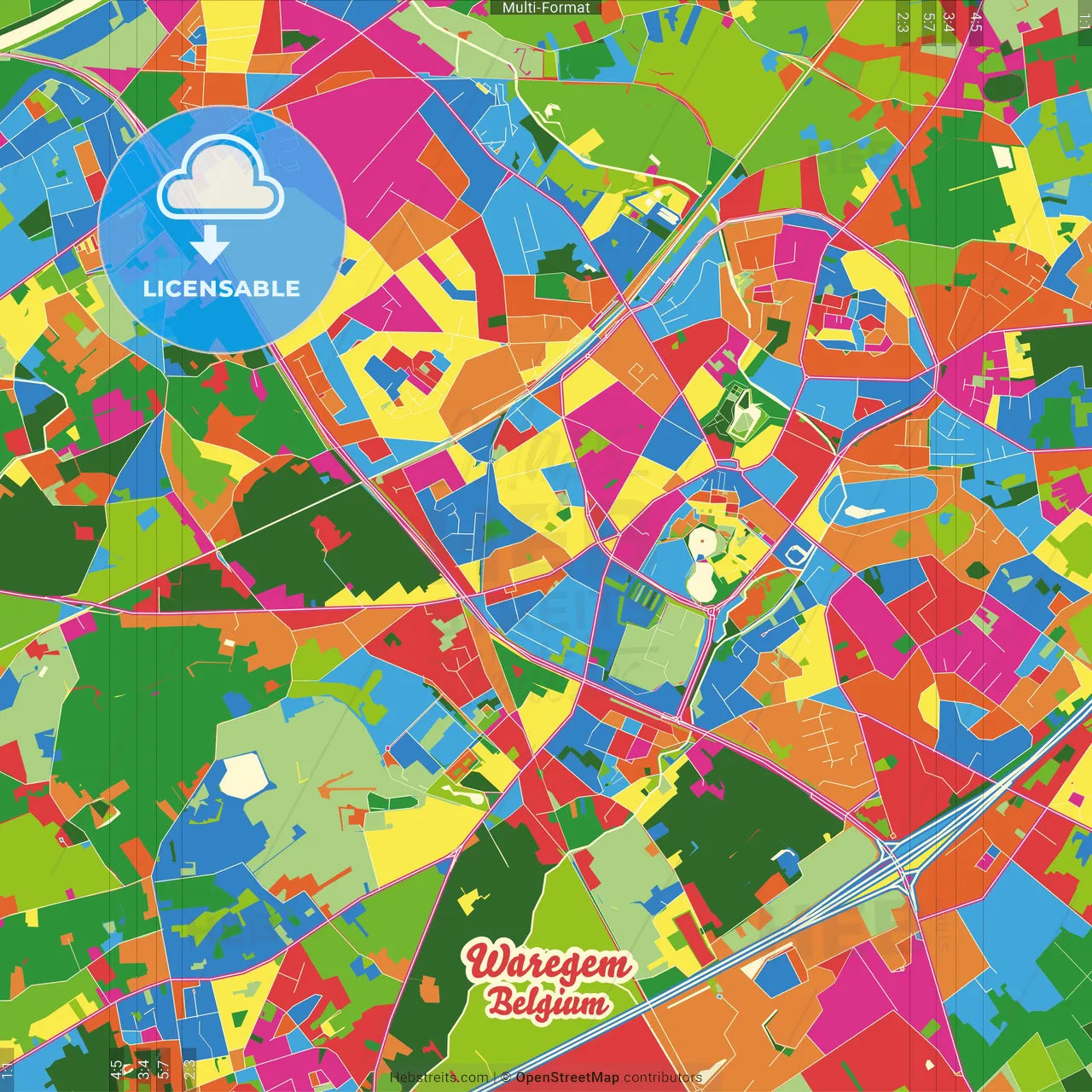 Waregem, West Flanders, Belgium Crazy Colorful Street Map Poster Template