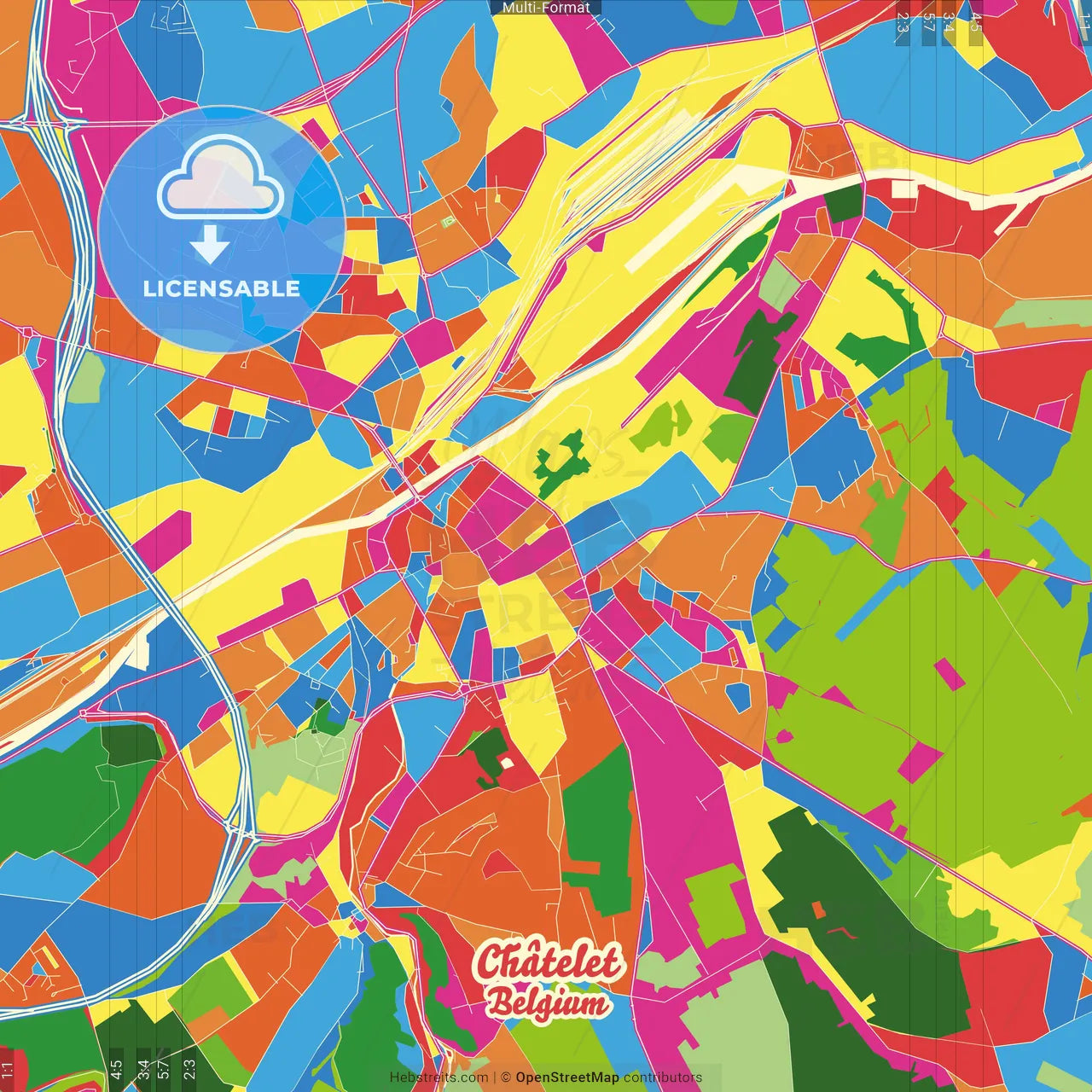 Châtelet, Hainaut, Belgium Crazy Colorful Street Map Poster Template