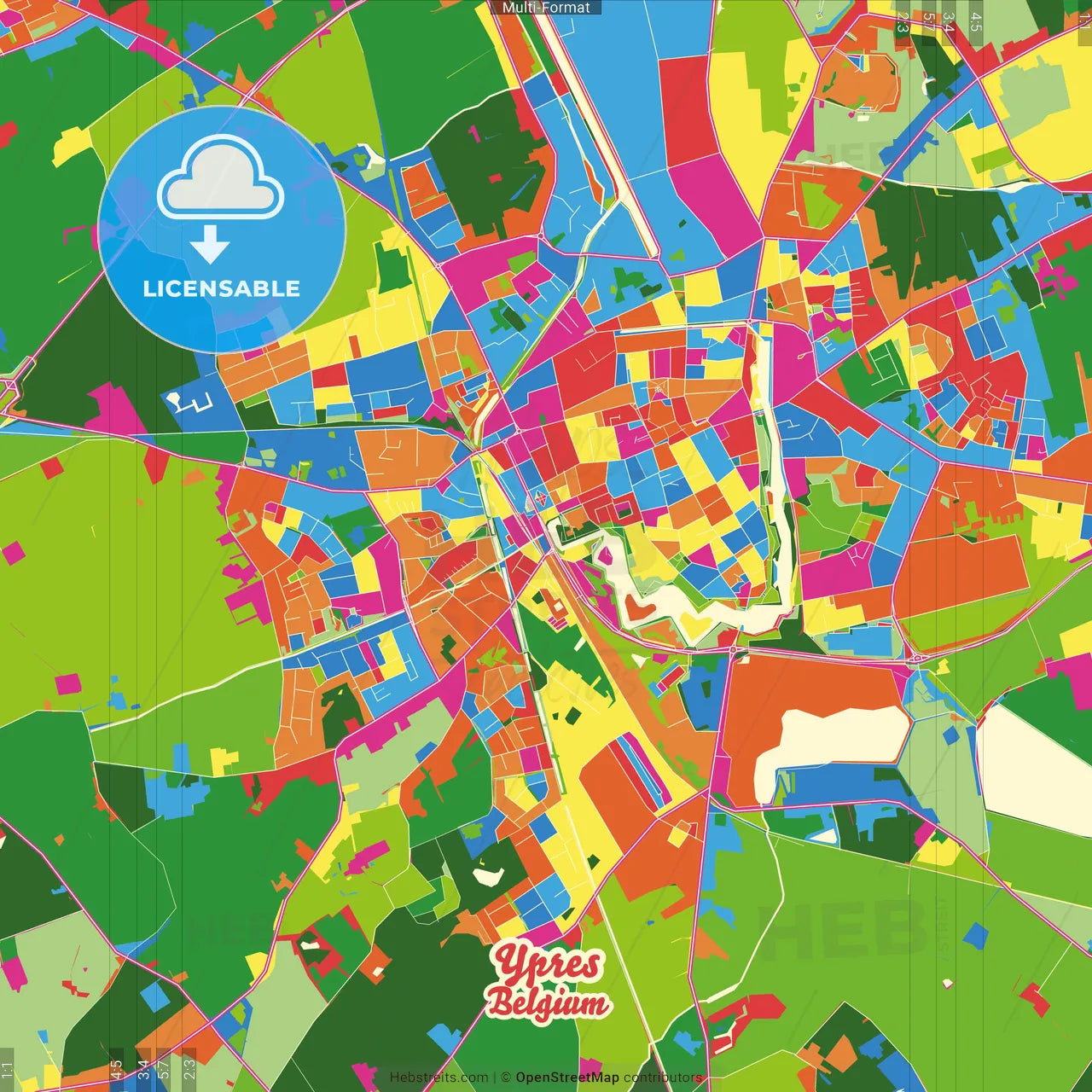 Ypres, West Flanders, Belgium Crazy Colorful Street Map Poster Template