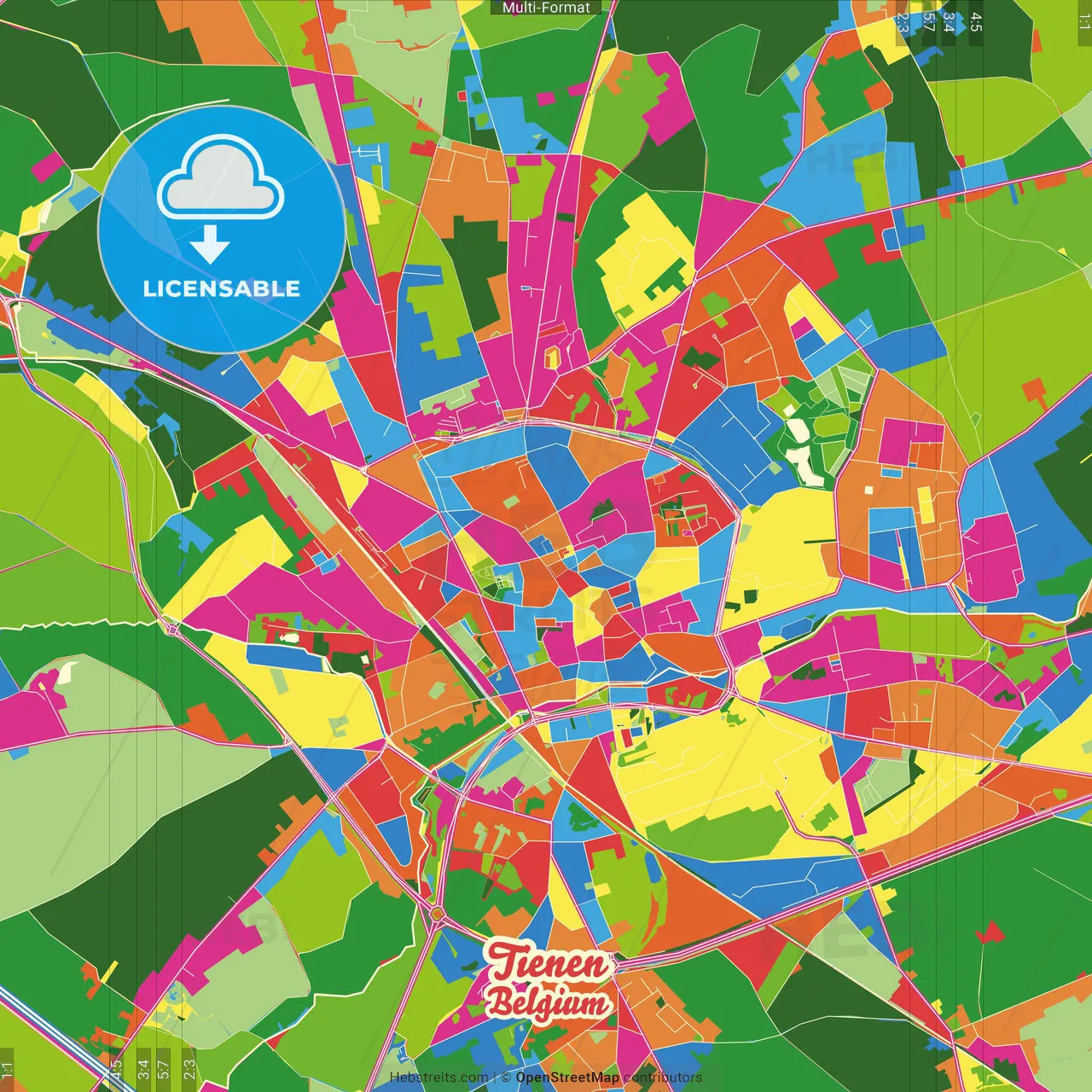 Tienen, Flemish Brabant, Belgium Crazy Colorful Street Map Poster Template