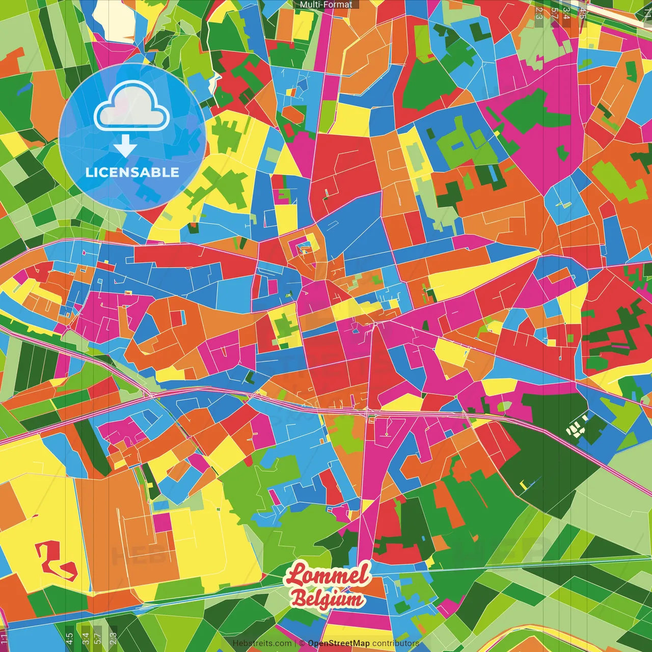Lommel, Limburg, Belgium Crazy Colorful Street Map Poster Template