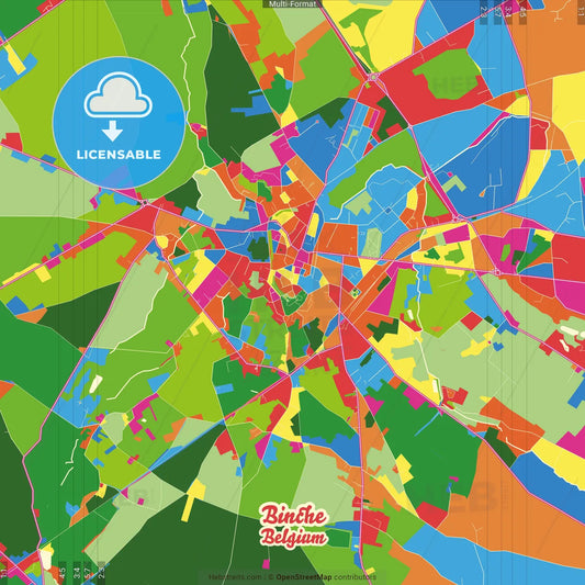 Binche, Hainaut, Belgium Crazy Colorful Street Map Poster Template