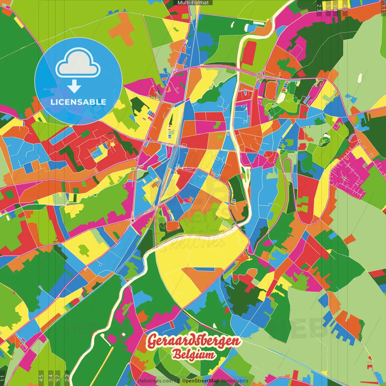 Geraardsbergen, East Flanders, Belgium Crazy Colorful Street Map Poster Template
